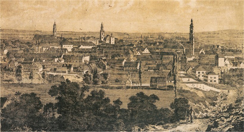 Erlangen, Blick zur Bayreuther Strasse mit dem Bayreuther Tor um 1860